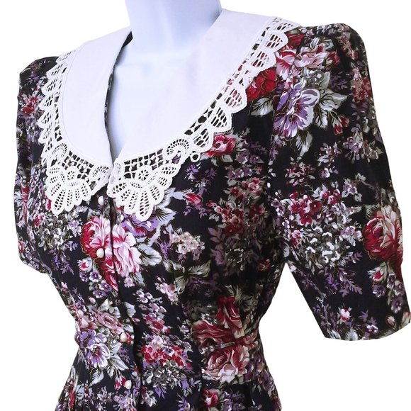 80's Brandywine Creek Dark Floral Prairie Dress Granny Lace Collar 9/10 Puffy SS - Picture 4 of 12